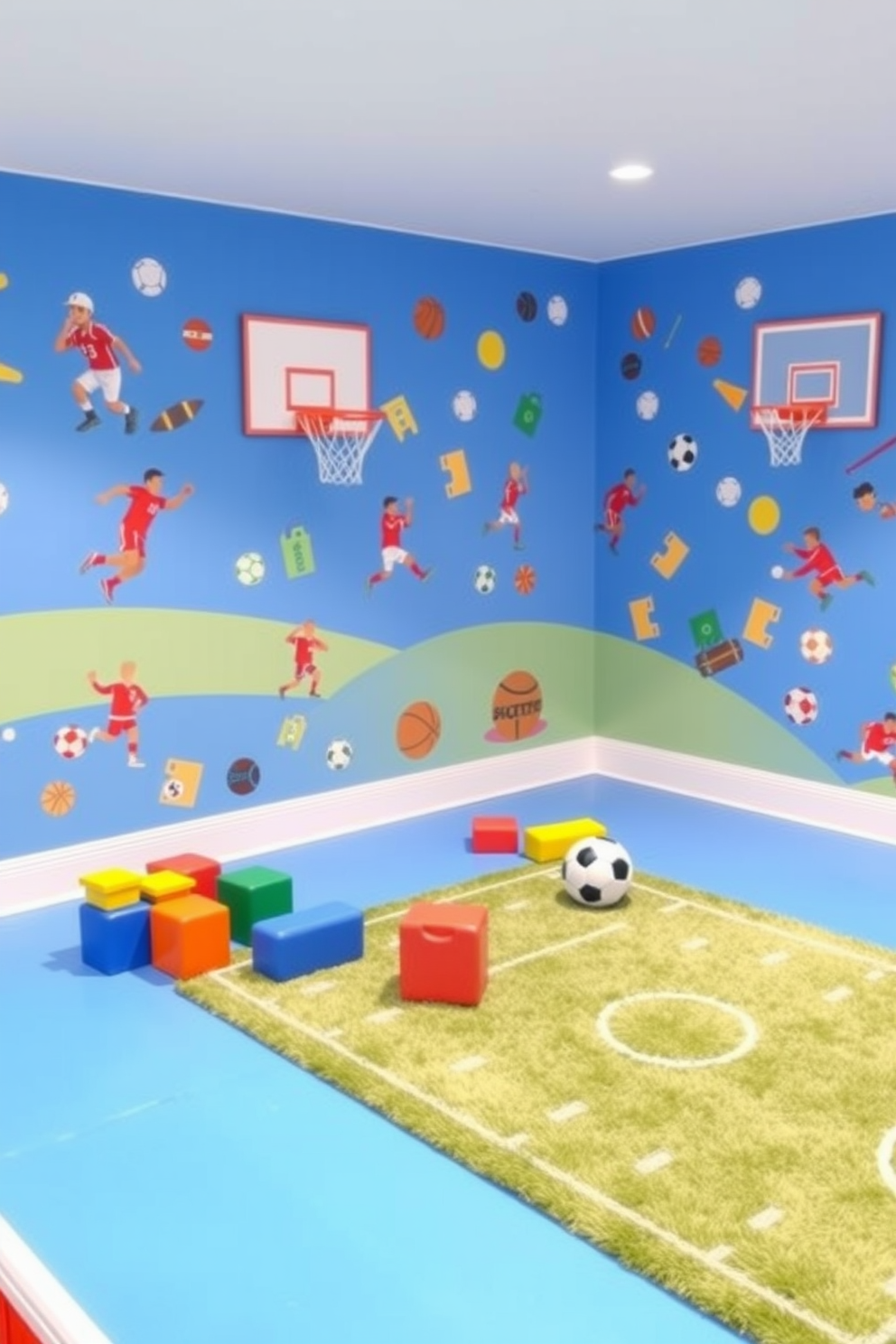 A vibrant sports-themed play area filled with colorful wall decals of various sports equipment and athletes. The flooring is a soft, cushioned material in bright blue, providing a safe space for active play. In one corner, a mini basketball hoop is mounted on the wall, while a soft soccer ball and a set of colorful foam blocks are scattered on the floor. A large, plush rug in the shape of a football field adds a playful touch to the room.