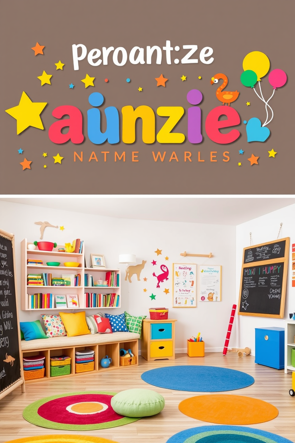 Personalized name wall art that showcases vibrant colors and playful typography. The design features a variety of playful elements such as stars, balloons, and animals that reflect the child's interests. A fun playroom design that includes a cozy reading nook with colorful cushions and shelves filled with books. The space is adorned with interactive wall art, a chalkboard, and bright rugs to create an inviting atmosphere for play and creativity.