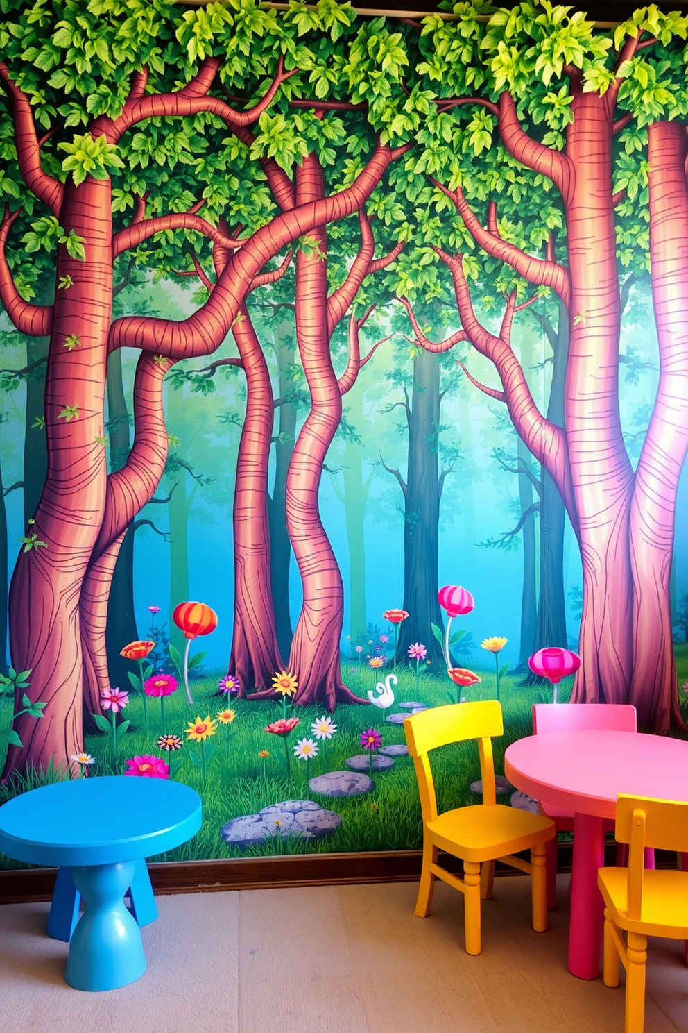 A whimsical fairy tale forest backdrop filled with vibrant colors and enchanting details. Tall trees with twisting trunks and lush green leaves create a magical canopy overhead, while colorful flowers and playful woodland creatures add charm to the scene. Fun playroom design ideas that inspire creativity and imagination. Brightly colored furniture, interactive play zones, and whimsical decor create an engaging environment for children to explore and enjoy.