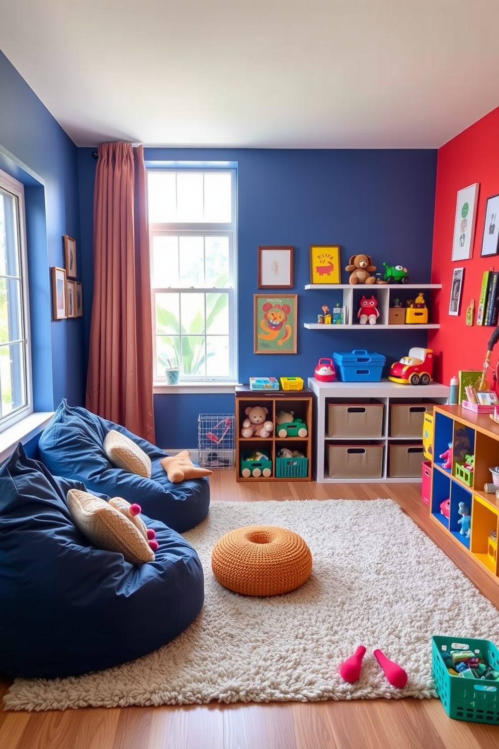 Cozy reading nook with bean bags. A soft rug covers the floor and a large window lets in natural light, creating a warm atmosphere. Fun playroom design ideas. Brightly colored walls are adorned with playful artwork, and various storage solutions keep toys organized while encouraging creativity.