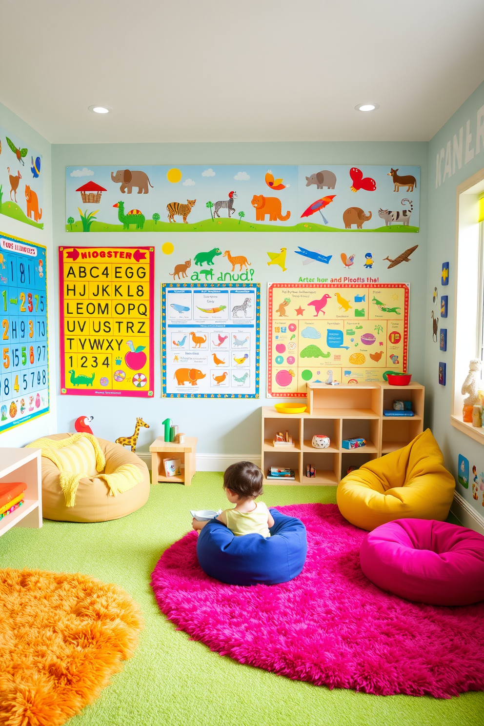 A vibrant playroom filled with educational wall charts designed for learning fun. The walls are adorned with colorful charts depicting the alphabet, numbers, and various animals, creating an engaging environment for children. The playroom features soft, plush rugs in bright colors that invite children to sit and play. Comfortable seating options include bean bags and small chairs, encouraging creativity and exploration in a playful atmosphere.