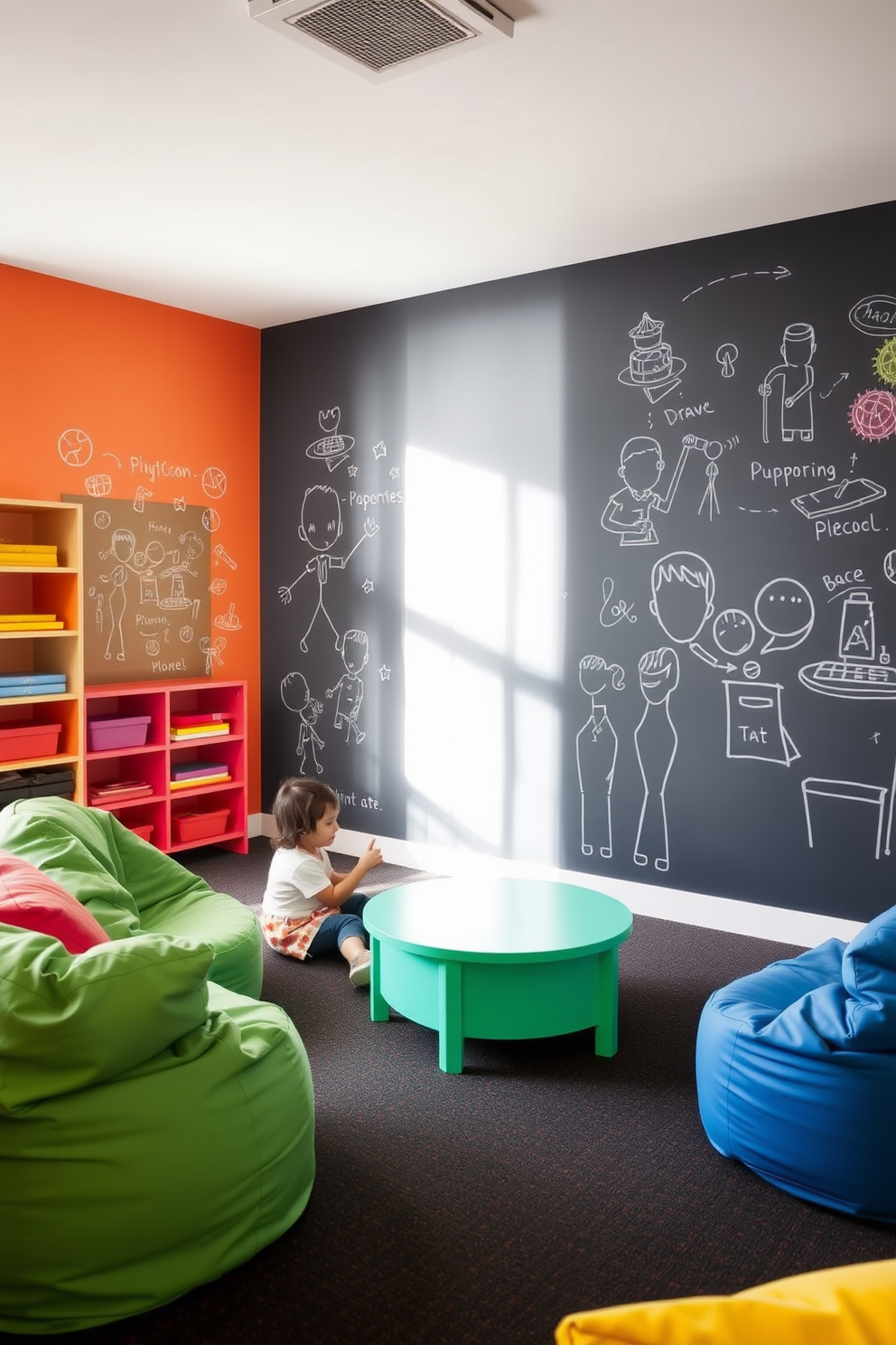 A vibrant playroom features an interactive chalkboard wall that invites children to draw and express their creativity. The space is filled with colorful furniture, including bean bags and a low table, creating a playful and inviting atmosphere.