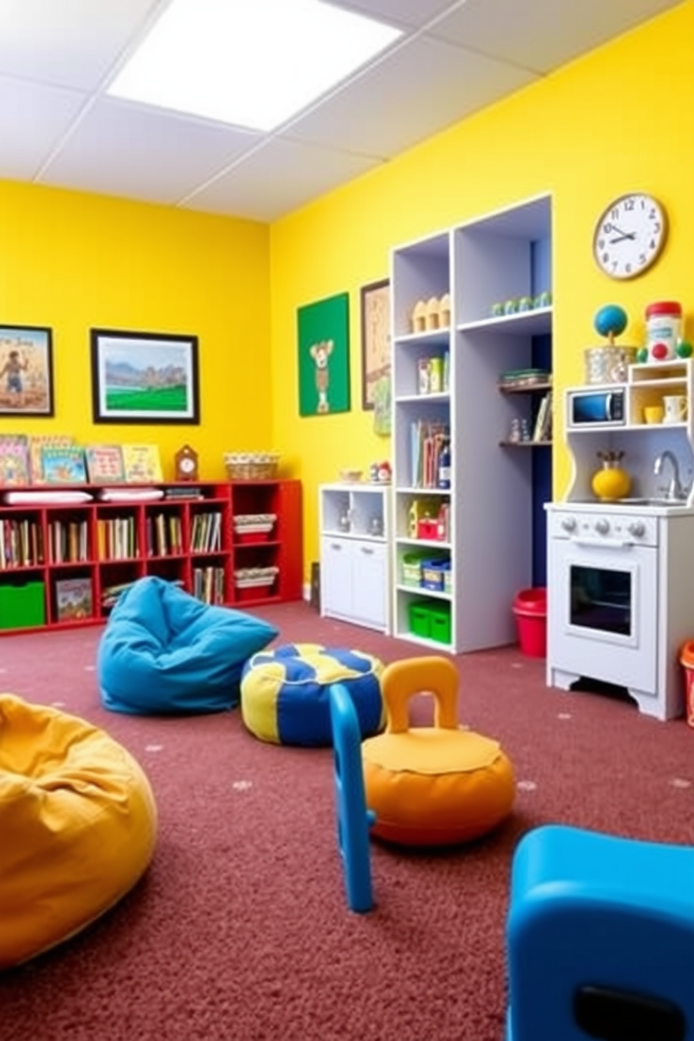 A vibrant playroom filled with themed play zones encourages imaginative fun. One area features a cozy reading nook with colorful bean bags and a bookshelf overflowing with children's books. Another zone is designed as a mini kitchen with child-sized appliances and playful decor. The walls are painted in bright primary colors, and the floor is covered with soft, plush carpeting for comfort during play.