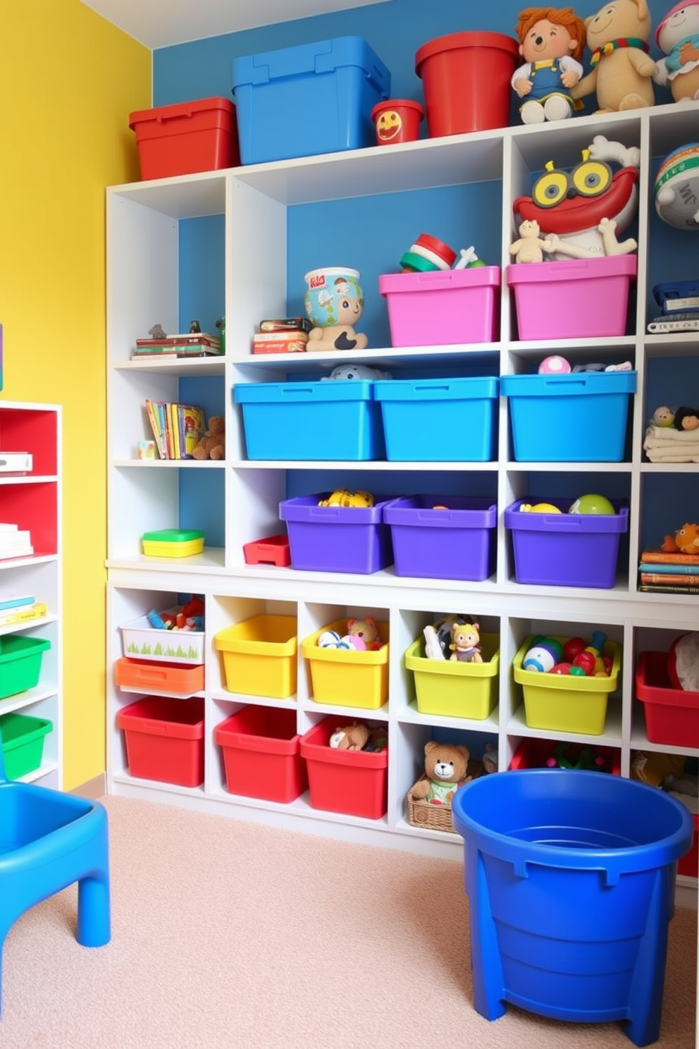 A vibrant playroom filled with open storage solutions that allow for easy access to toys. The walls are painted in cheerful colors, and colorful bins and shelves are arranged neatly to encourage play and organization.