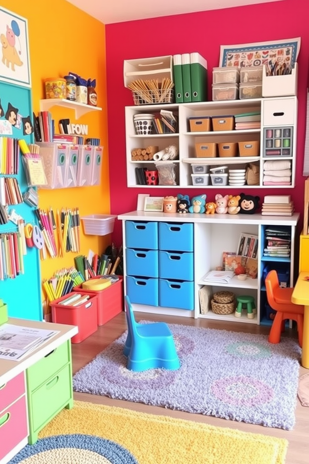 A vibrant craft station filled with organized supplies. The walls are painted in bright colors, and various storage solutions keep art materials neatly arranged. A playful playroom designed for creativity and fun. Soft rugs cover the floor, and colorful furniture invites children to explore and play.