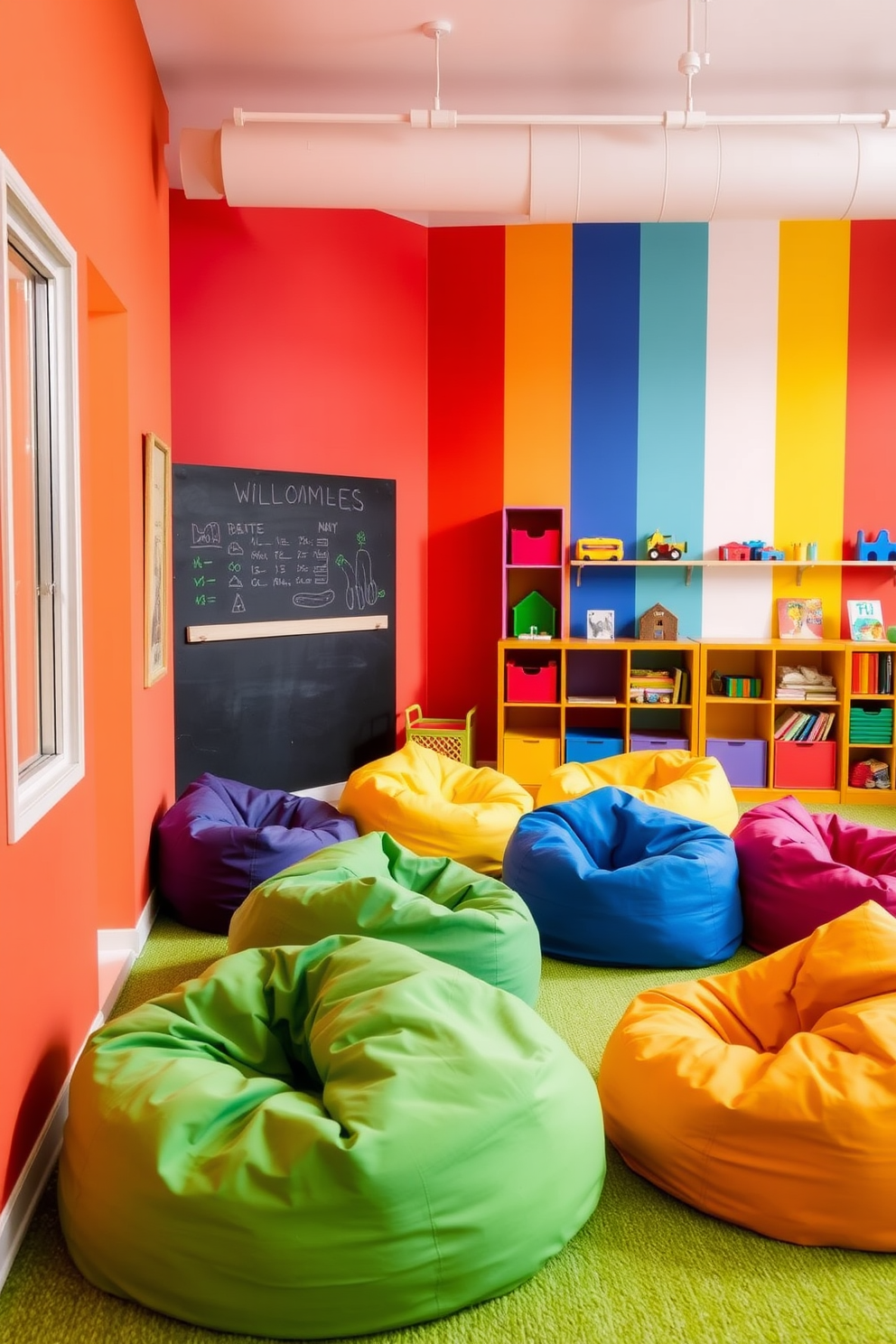 A playful playroom filled with vibrant colors and a rainbow color scheme. The walls are painted in bright hues of red, orange, yellow, green, blue, and purple, creating an energetic atmosphere. Soft, oversized bean bags in various colors are scattered across the floor, inviting children to sit and play. A chalkboard wall allows for creative expression, while colorful shelves display toys and books in an organized yet whimsical manner.