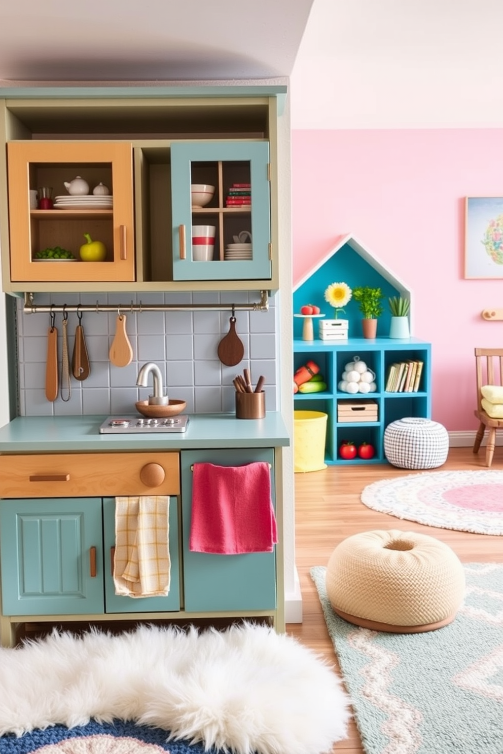 A charming miniature kitchen designed for pretend cooking. It features a small wooden stove, a sink with a faucet, and colorful cabinets filled with play food. A vibrant playroom filled with imaginative design ideas. There are soft rugs, a cozy reading nook, and bright wall colors to inspire creativity and fun.