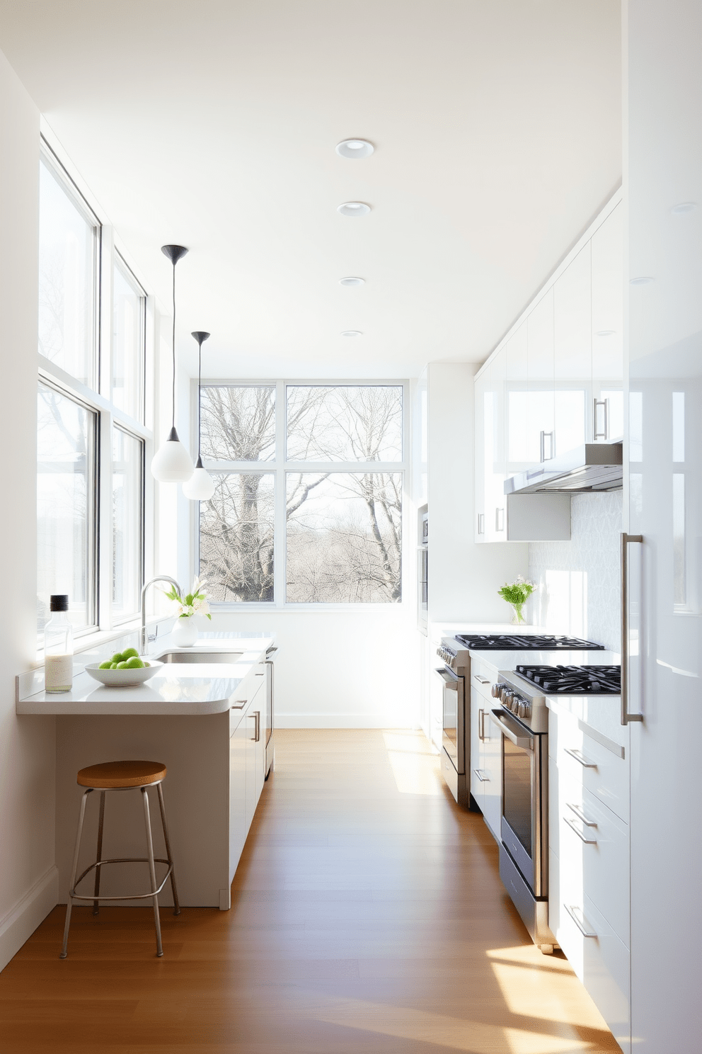 A bright galley kitchen filled with natural light from large windows on one side. The kitchen features sleek white cabinetry, a central island with bar seating, and stainless steel appliances that complement the modern aesthetic.