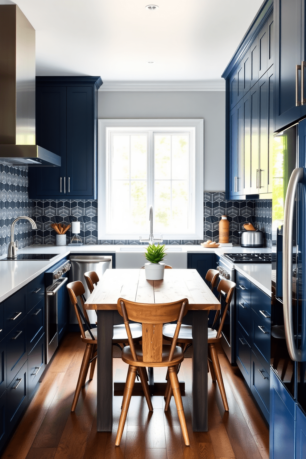 A modern galley kitchen featuring sleek navy blue cabinets paired with crisp white countertops. The backsplash is a striking geometric pattern in shades of gray and black, adding depth and texture to the space. Natural light floods in through a large window, highlighting the stainless steel appliances that complement the overall design. A rustic wooden dining table with mismatched chairs sits at one end, creating a cozy yet stylish eating area.