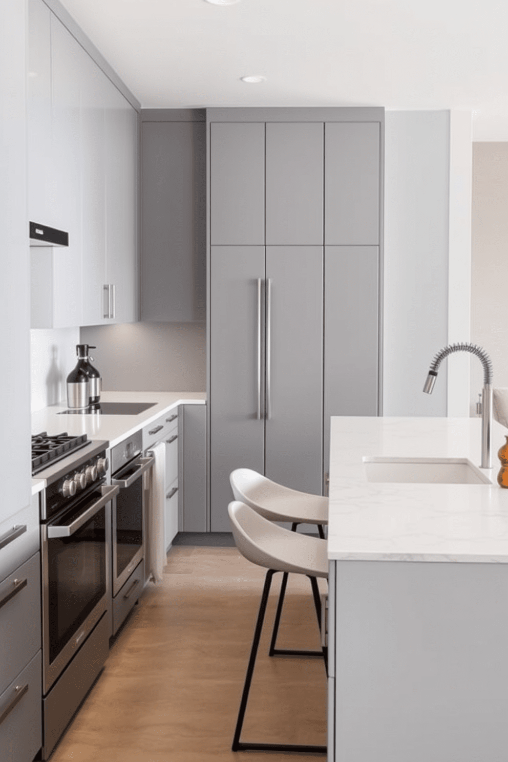 A contemporary galley kitchen featuring sleek cabinetry in a soft gray finish. The countertops are made of white quartz with subtle veining, providing a clean and modern look. Along one side, a row of stainless steel appliances is seamlessly integrated into the cabinetry. At the opposite end, a small breakfast bar with two stylish bar stools creates a casual dining space.