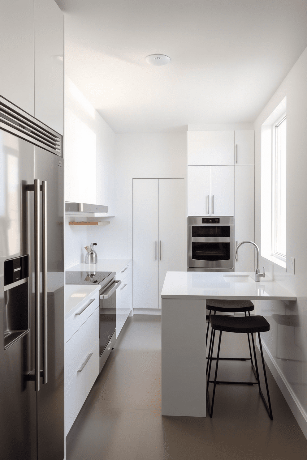 A sleek galley kitchen featuring stainless steel appliances creates a modern and efficient cooking space. The countertops are made of quartz, and the cabinetry is finished in a glossy white for a clean and contemporary aesthetic. Natural light floods the area through a window at one end, highlighting the minimalist design. A narrow island with bar stools provides additional seating and functionality without compromising the streamlined layout.