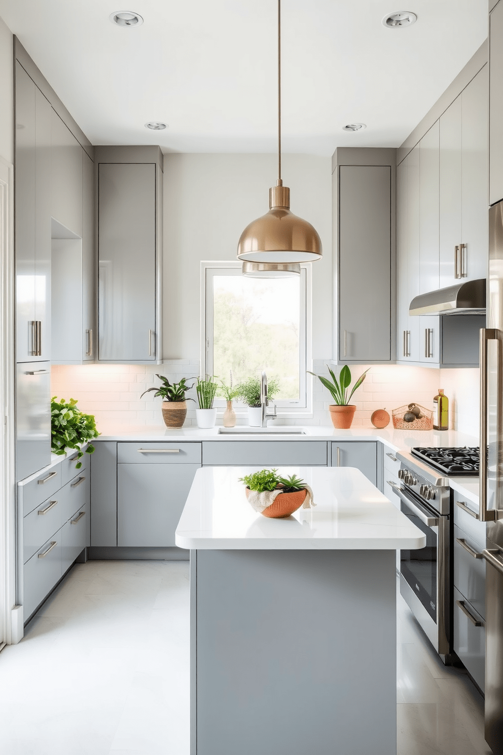 A stylish galley kitchen featuring sleek cabinetry in a soft gray finish. The countertops are made of white quartz, and an array of indoor plants are placed on the windowsill, adding a touch of greenery and freshness to the space. The kitchen layout includes a central island with bar seating, perfect for casual dining. Modern stainless steel appliances complement the design, while pendant lighting hangs above the island, creating a warm and inviting atmosphere.