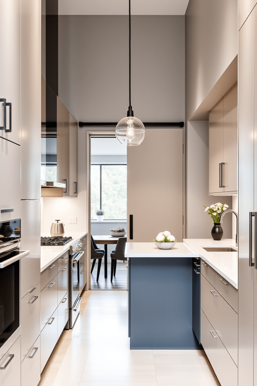 A modern galley kitchen featuring sleek cabinetry and a minimalist design. The space is illuminated by pendant lights hanging over the central countertop, which doubles as a breakfast bar. Incorporate a sliding door that seamlessly connects the kitchen to the dining area, maximizing space and flow. The walls are painted in a soft gray, complemented by stainless steel appliances and a chic backsplash.