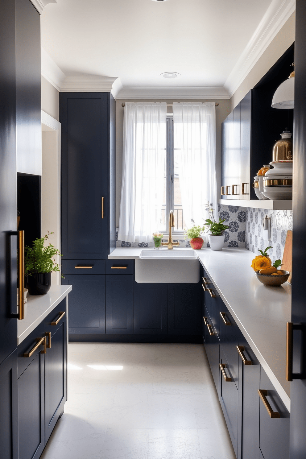 A stylish galley kitchen featuring sleek cabinetry in a deep navy blue with brushed gold hardware. The countertops are white quartz with subtle grey veining, and an artistic backsplash of patterned tiles adds a pop of color. Natural light floods the space through a large window above the sink, framed by sheer white curtains. A mix of modern and vintage decor, including potted herbs and colorful dishware, brings warmth and personality to the kitchen.