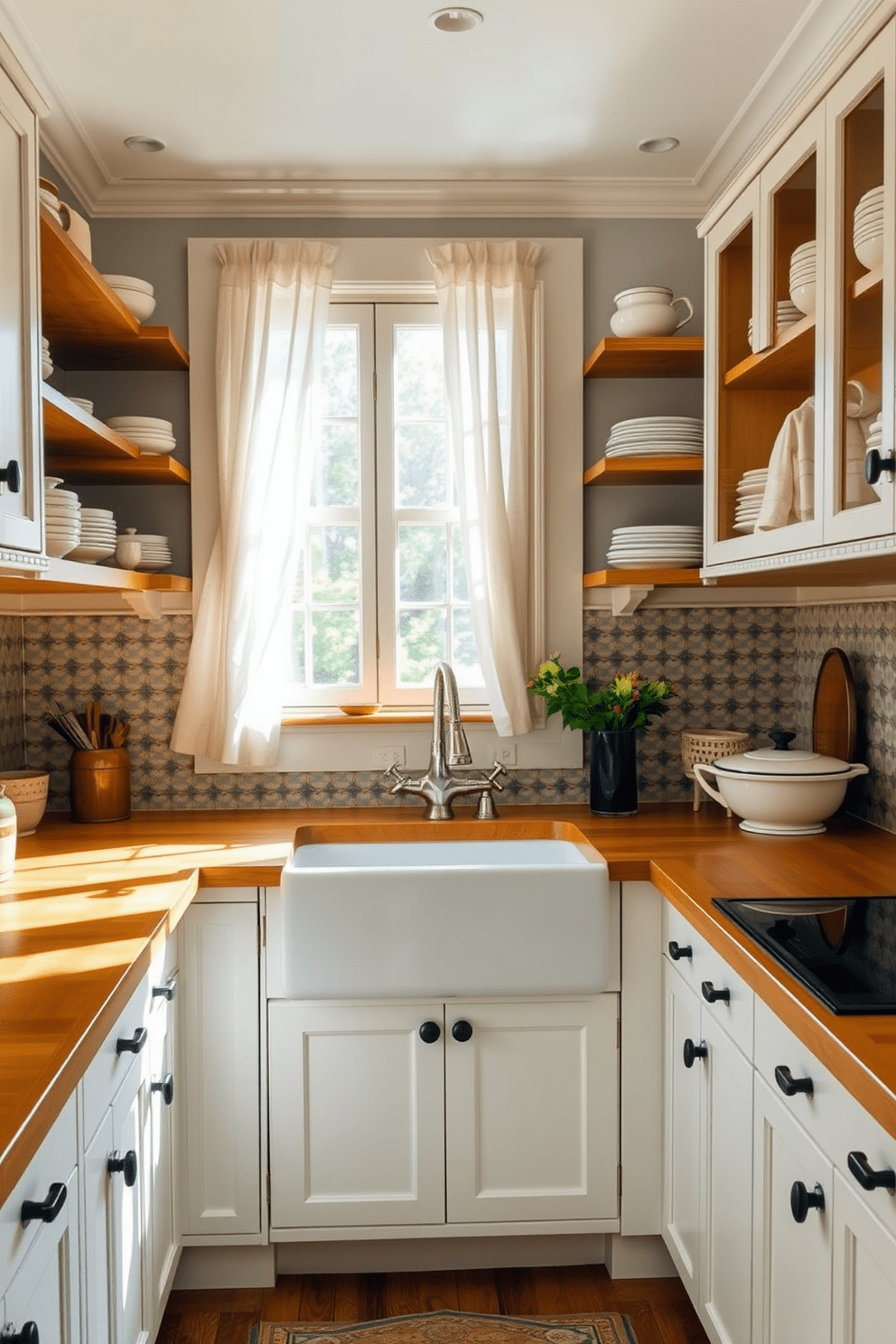 A charming galley kitchen featuring a farmhouse sink as the centerpiece. The countertops are a warm wood finish, complemented by white cabinetry and open shelving displaying rustic dishware. Natural light floods the space through a window above the sink, framed by sheer linen curtains. A vintage-style faucet adds a touch of elegance, while a patterned backsplash in soft blues and greens enhances the cozy atmosphere.