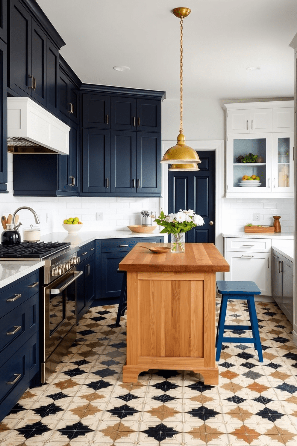 A stylish galley kitchen with patterned tiles for unique flooring. The cabinets are a mix of deep navy blue and crisp white, creating a modern yet inviting atmosphere. A central island with a butcher block countertop provides additional prep space and seating. Pendant lights hang above the island, adding a warm glow to the kitchen's overall design.