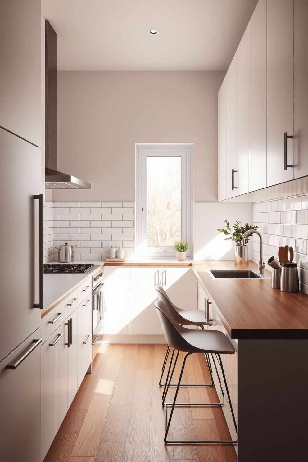 A modern galley kitchen featuring a cohesive color palette of soft whites and warm grays. The cabinets are sleek with a matte finish, complemented by a white subway tile backsplash and stainless steel appliances. Natural light floods the space through a narrow window, illuminating a wooden countertop that adds warmth to the design. A small dining nook with two minimalist chairs is positioned at one end, enhancing the kitchen's functionality and style.