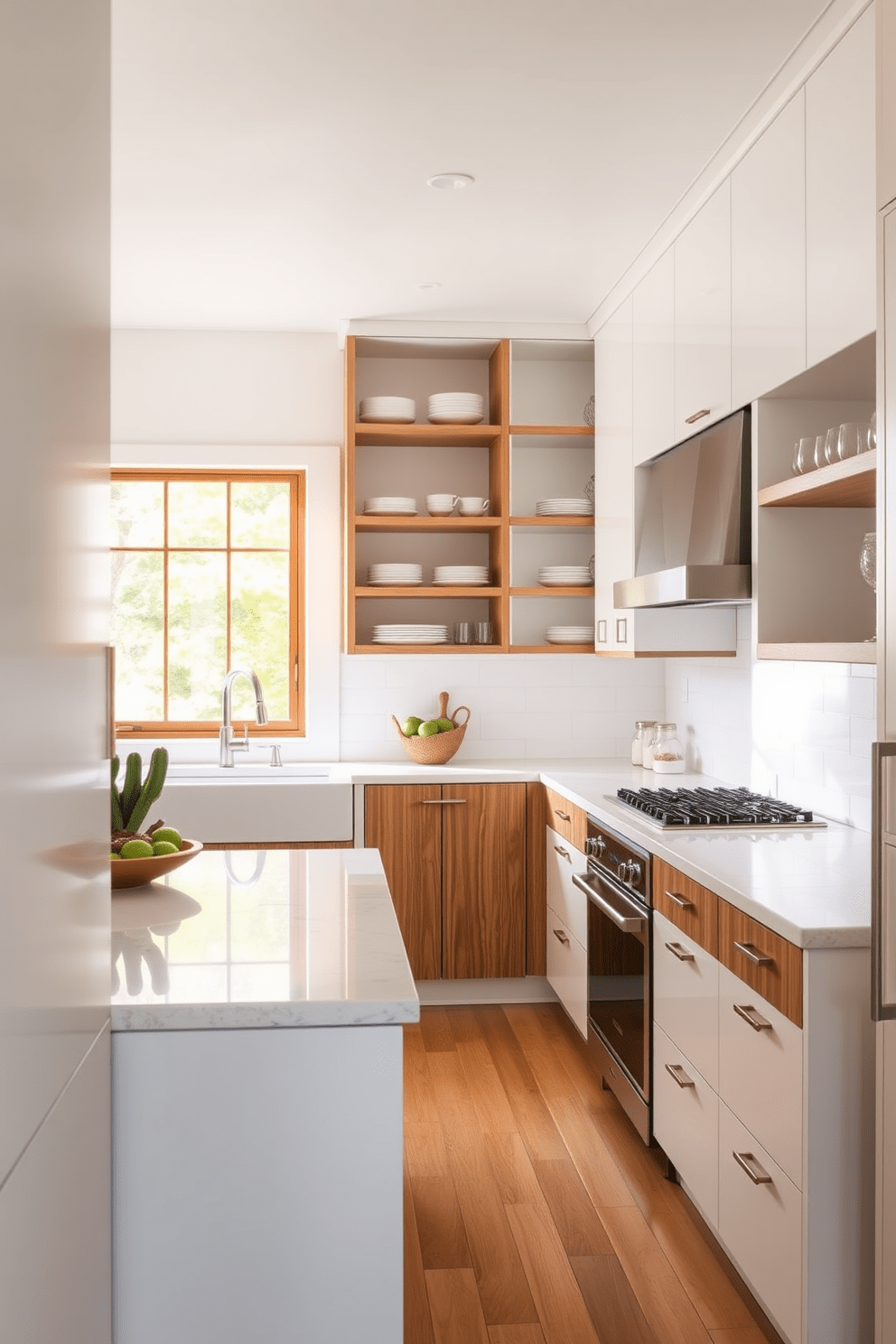 A stylish galley kitchen featuring open shelving for easy access to cookware and dishes. The cabinets are a sleek white, and the countertops are a polished quartz with subtle veining. Natural light floods the space through a window, illuminating the warm wooden accents throughout. A central island provides additional prep space and seating, enhancing the kitchen's functionality.