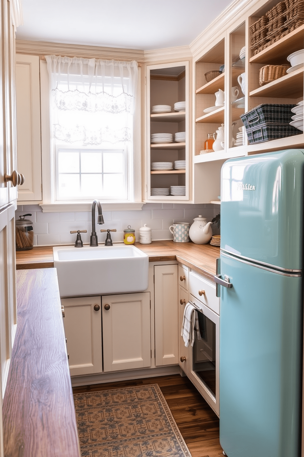 A cozy galley kitchen that features vintage decor elements for warmth. The cabinets are painted in a soft cream color, complemented by antique brass handles and open shelving displaying charming dishware. A farmhouse sink with a vintage faucet sits beneath a window adorned with lace curtains. The countertops are made of reclaimed wood, and a retro-style refrigerator in pastel blue adds a pop of color to the space.