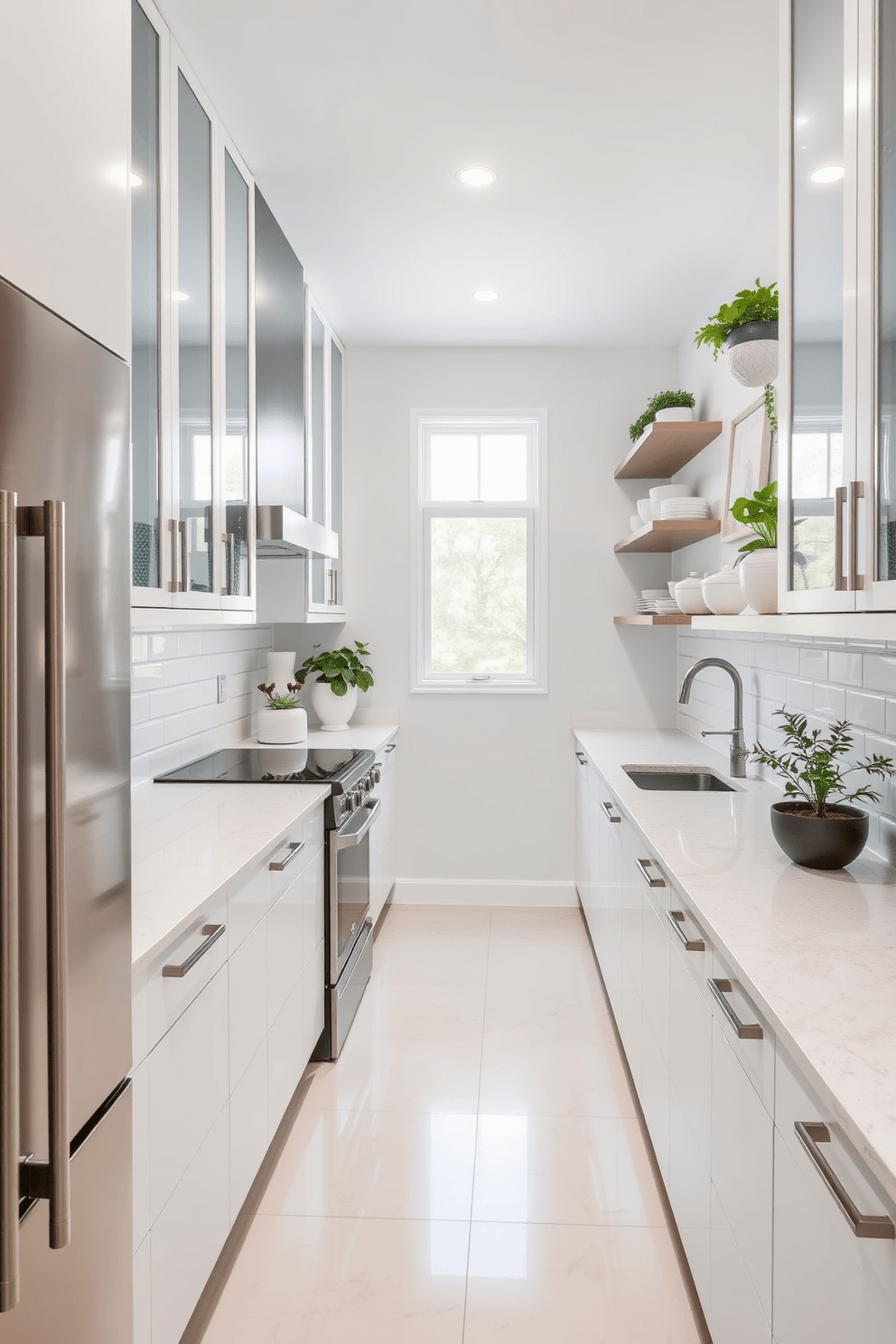 A modern galley kitchen featuring sleek glass cabinet doors that create an open and airy feel. The countertops are made of polished quartz, complemented by a stylish backsplash of white subway tiles. On one side, a row of stainless steel appliances seamlessly integrates with the cabinetry. The opposite wall showcases open shelving adorned with decorative dishware and potted herbs for a touch of greenery.