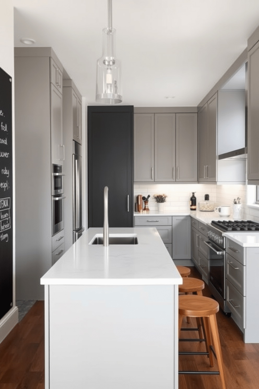 A modern galley kitchen featuring sleek cabinetry in a soft gray finish. The countertops are made of white quartz, and a chalkboard wall is installed on one side for notes and meal planning. The kitchen includes stainless steel appliances and an island with bar seating. Pendant lights hang above the island, adding a warm glow to the space.