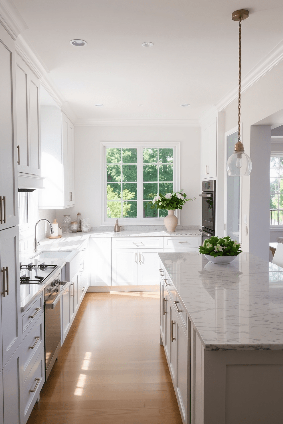 An inviting galley kitchen design featuring sleek cabinetry in a soft white finish. The countertops are made of polished granite with subtle veining, providing a sophisticated contrast. The layout emphasizes an open flow, connecting seamlessly to the dining area with a large island for additional workspace. Natural light floods the space through a window above the sink, enhancing the airy feel of the kitchen.