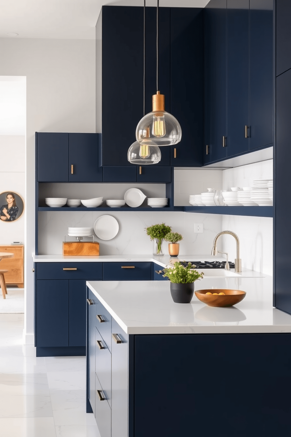 A modern galley kitchen featuring sleek cabinetry in a deep navy blue. The countertops are made of white quartz, providing a clean and bright workspace. Stylish pendant lights hang above the kitchen island, casting a warm glow over the area. Open shelving displays chic dishware, adding a personal touch to the functional design.