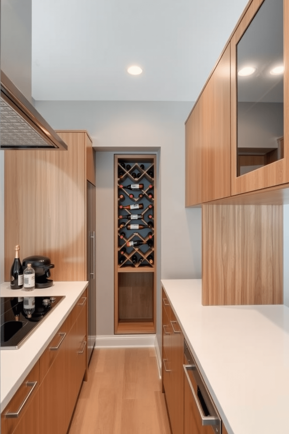 A stylish galley kitchen featuring a sleek wine rack integrated into the cabinetry for both functionality and aesthetics. The walls are painted in a soft gray, and the countertops are a polished white quartz, providing a modern contrast to the warm wood cabinetry.