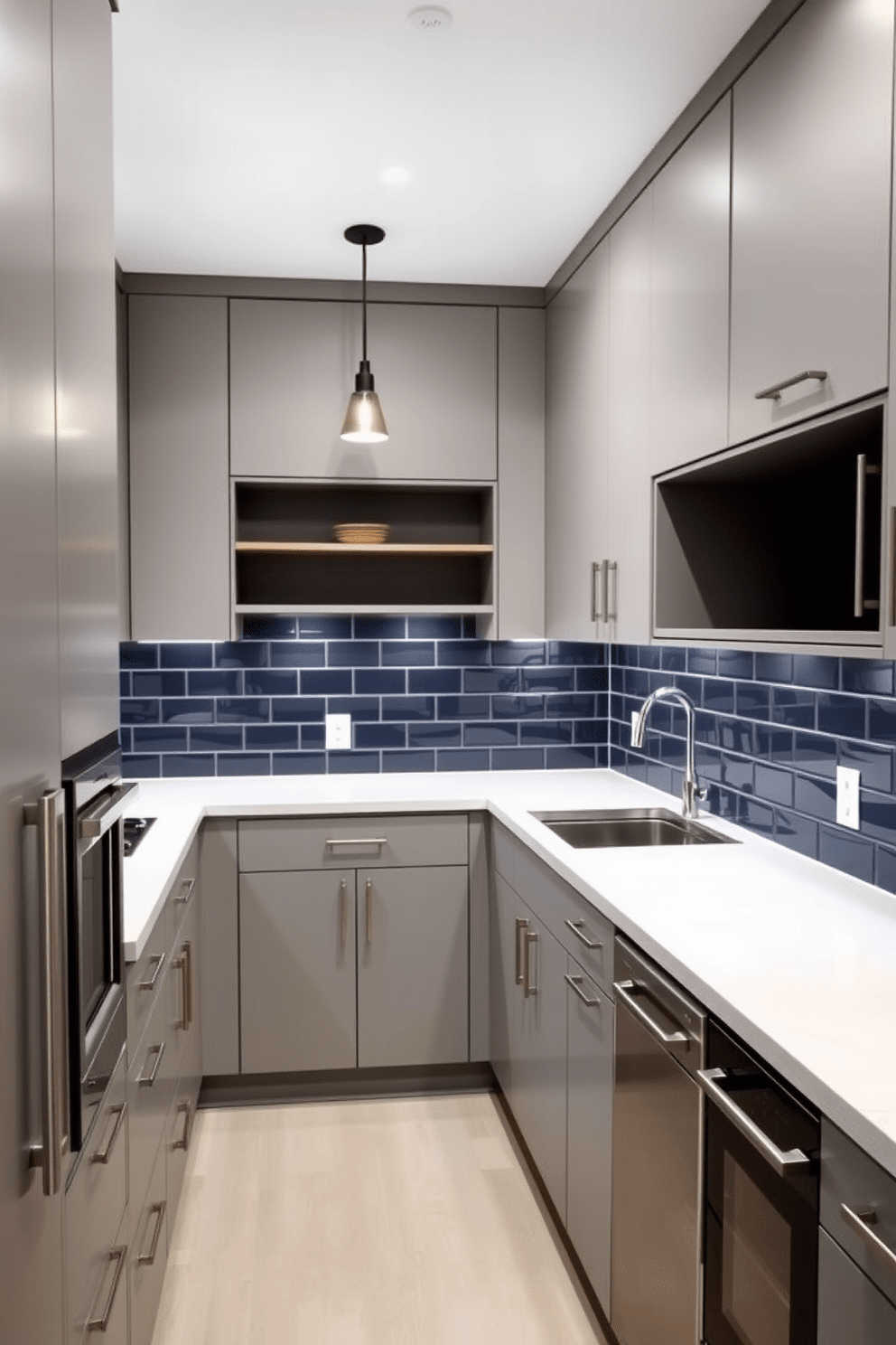 A modern galley kitchen featuring sleek cabinetry in a soft gray finish. The countertops are made of white quartz, and a built-in microwave is seamlessly integrated into the cabinetry for convenience. The kitchen is illuminated by pendant lights hanging above the long, narrow workspace. A contrasting backsplash of navy blue tiles adds a pop of color, while stainless steel appliances complete the contemporary look.