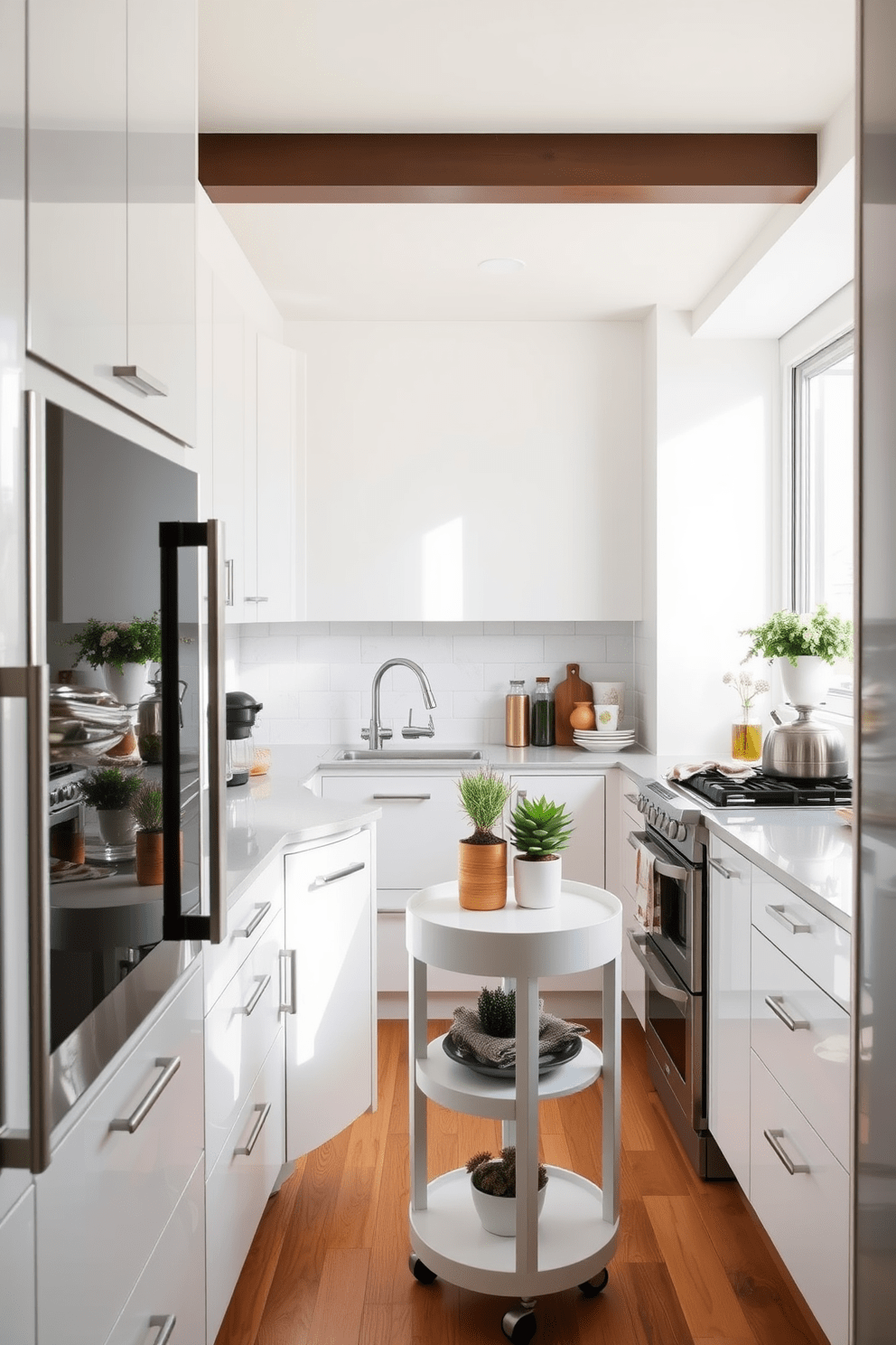 A modern galley kitchen featuring a sleek rolling cart that provides additional workspace. The cabinets are finished in a glossy white, complemented by stainless steel appliances and a subway tile backsplash. Natural light floods the space through a large window, highlighting the warm wooden flooring. Decorative plants are placed on the rolling cart, adding a touch of greenery and style to the kitchen.