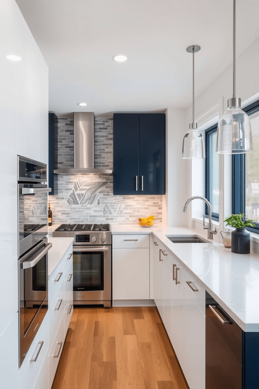 A modern galley kitchen featuring a tile mural as a focal point on the back wall. The cabinetry is sleek and minimalist, with a combination of white and navy blue finishes, and stainless steel appliances seamlessly integrated into the design. The countertop is made of polished quartz, providing a clean and durable workspace. Pendant lights hang above the kitchen island, illuminating the area while adding a touch of warmth and style.