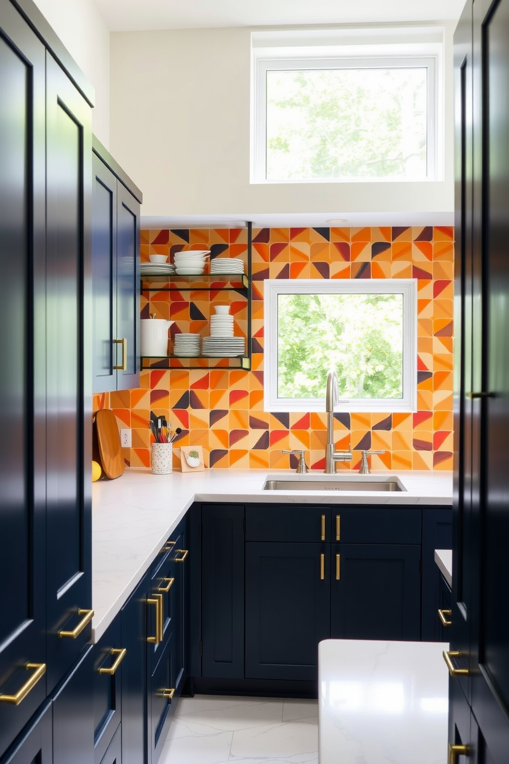 A stylish galley kitchen featuring a bold backsplash design that serves as the focal point of the space. The cabinetry is a sleek navy blue, complemented by brass hardware and an open shelving unit displaying curated dishware. The countertops are made of white quartz with subtle gray veining, providing a clean and modern look. A large window above the sink allows natural light to flood the kitchen, enhancing the vibrant colors of the backsplash.