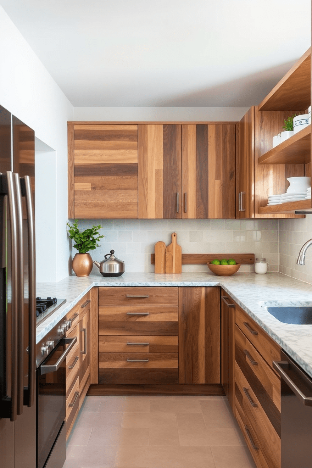 A modern galley kitchen with eco-friendly materials. The cabinetry is made from reclaimed wood and the countertops feature recycled glass, creating a sustainable yet stylish space.