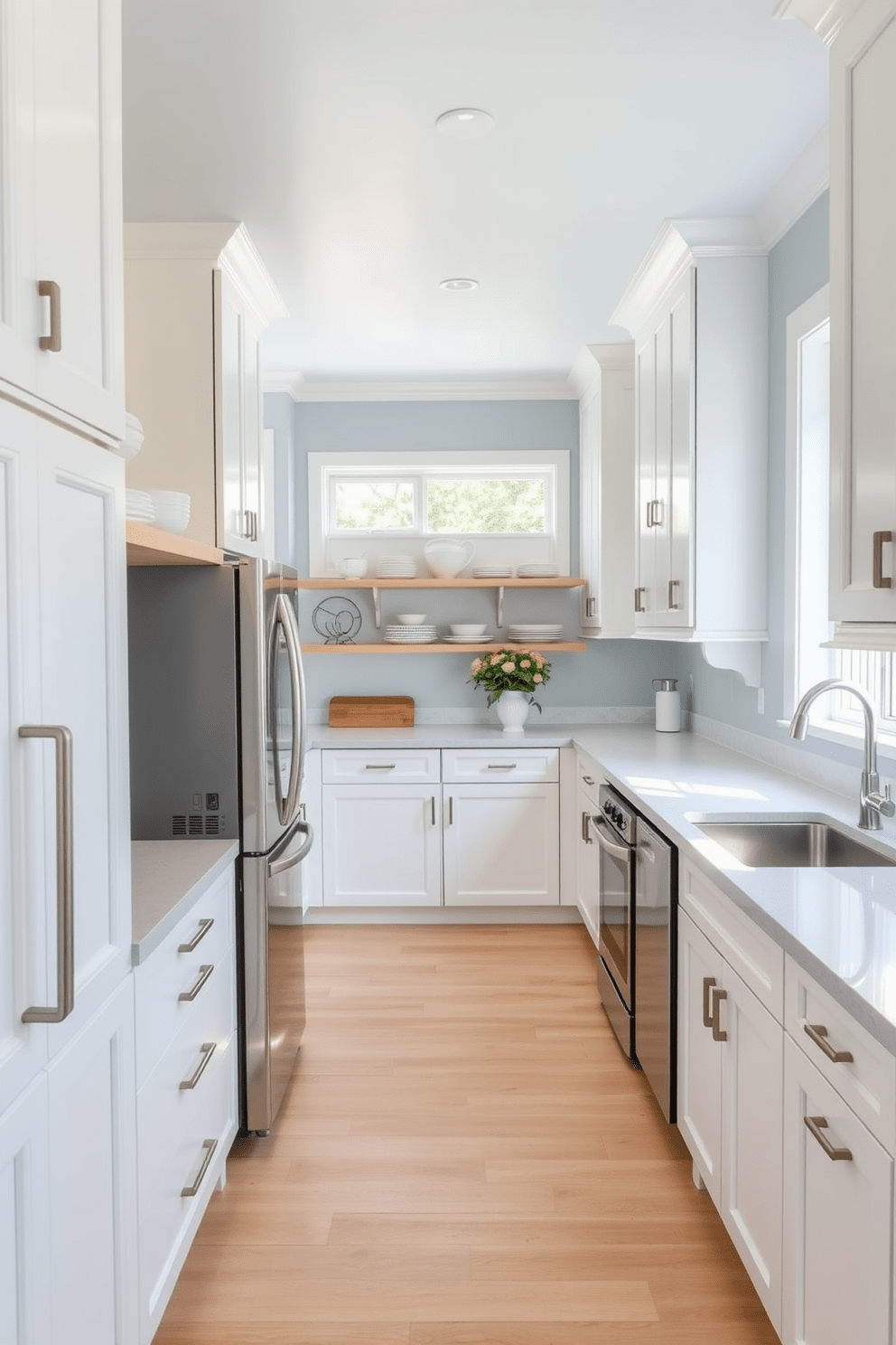 A bright and airy galley kitchen featuring soft white cabinetry and light gray countertops. The walls are painted in a pale blue hue, creating a serene atmosphere while natural light floods in through a large window. The kitchen island is adorned with a light wood finish, complemented by sleek stainless steel appliances. Open shelving displays neatly arranged dishware, adding a touch of warmth and functionality to the space.