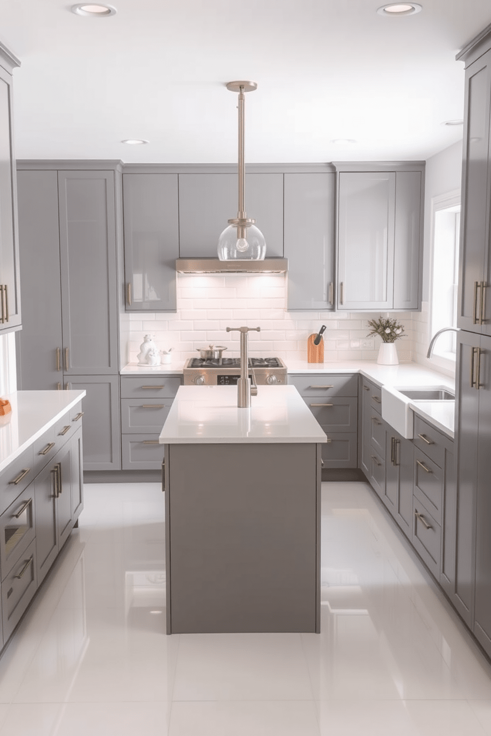 A stylish galley kitchen featuring sleek cabinetry in a soft gray finish. The countertops are made of white quartz, providing a clean and modern look. In the center, a spacious kitchen island offers additional prep space and is accented with three contemporary pendant lights above. The backsplash is a glossy subway tile, enhancing the kitchen's overall brightness and sophistication.