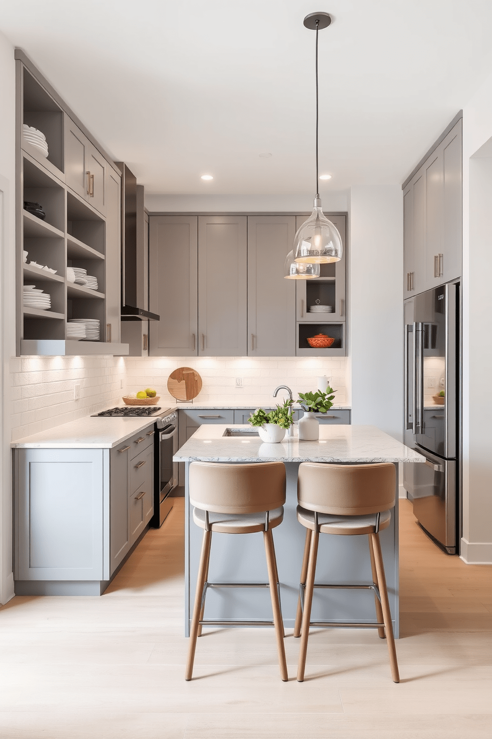 A modern galley kitchen features sleek cabinetry in a soft gray finish with open shelving displaying stylish dishware. The kitchen includes a central island that doubles as a dining space with high-backed stools, maximizing functionality and comfort. The walls are adorned with a light-colored backsplash that complements the stainless steel appliances, creating a cohesive look. Ample lighting from pendant fixtures above the island enhances the workspace while adding a warm ambiance to the kitchen.