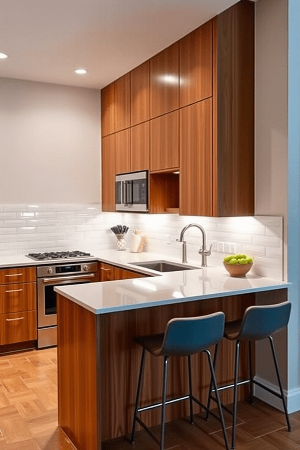 A stylish galley kitchen featuring sleek cabinetry with a warm wood finish. The countertops are made of polished quartz, and the backsplash is a glossy subway tile in soft white. Under-cabinet lighting casts a warm glow over the workspace, enhancing the kitchen's functionality. A central island with bar stools provides a casual dining area, complementing the overall design.