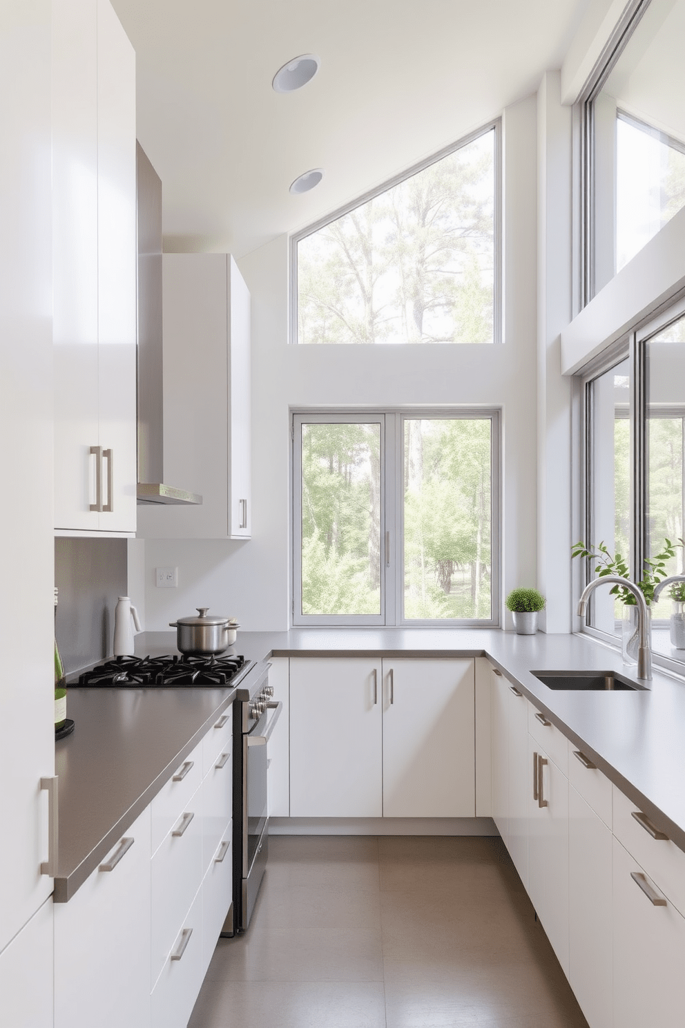 A minimalist galley kitchen design features sleek cabinetry in a soft white finish, creating a clean and airy atmosphere. The countertops are made of polished concrete, providing a modern touch while maintaining functionality. The kitchen is equipped with stainless steel appliances that blend seamlessly with the cabinetry. Large windows allow natural light to flood the space, enhancing the simplicity of the design.