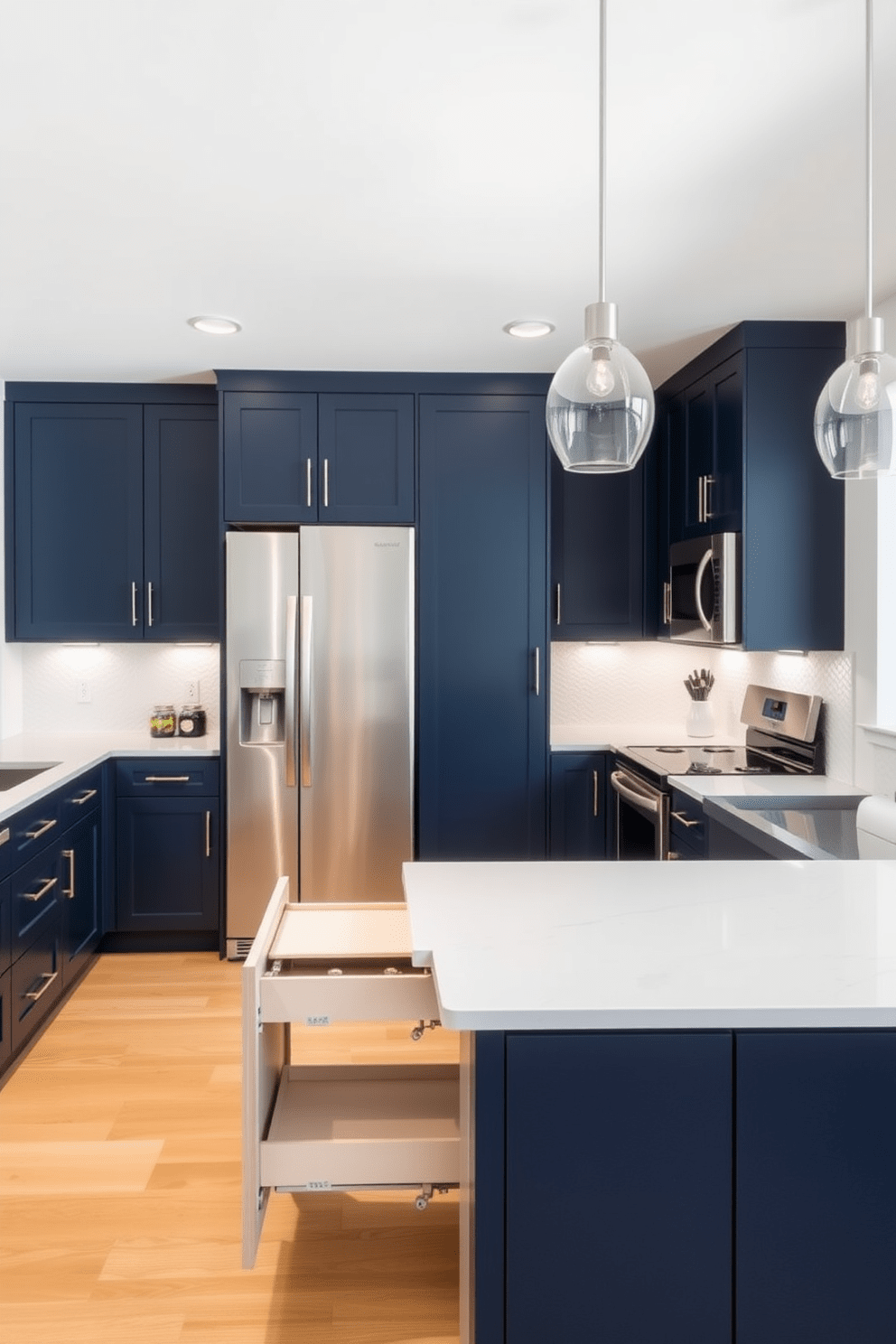 A modern galley kitchen with a sleek design featuring a pull-out pantry seamlessly integrated into the cabinetry. The countertops are a stunning white quartz, and the cabinets are a rich navy blue, providing a striking contrast. The kitchen is illuminated by pendant lights hanging above the island, which also serves as a breakfast bar. Stainless steel appliances are strategically placed to enhance functionality and style, while a textured backsplash adds visual interest.