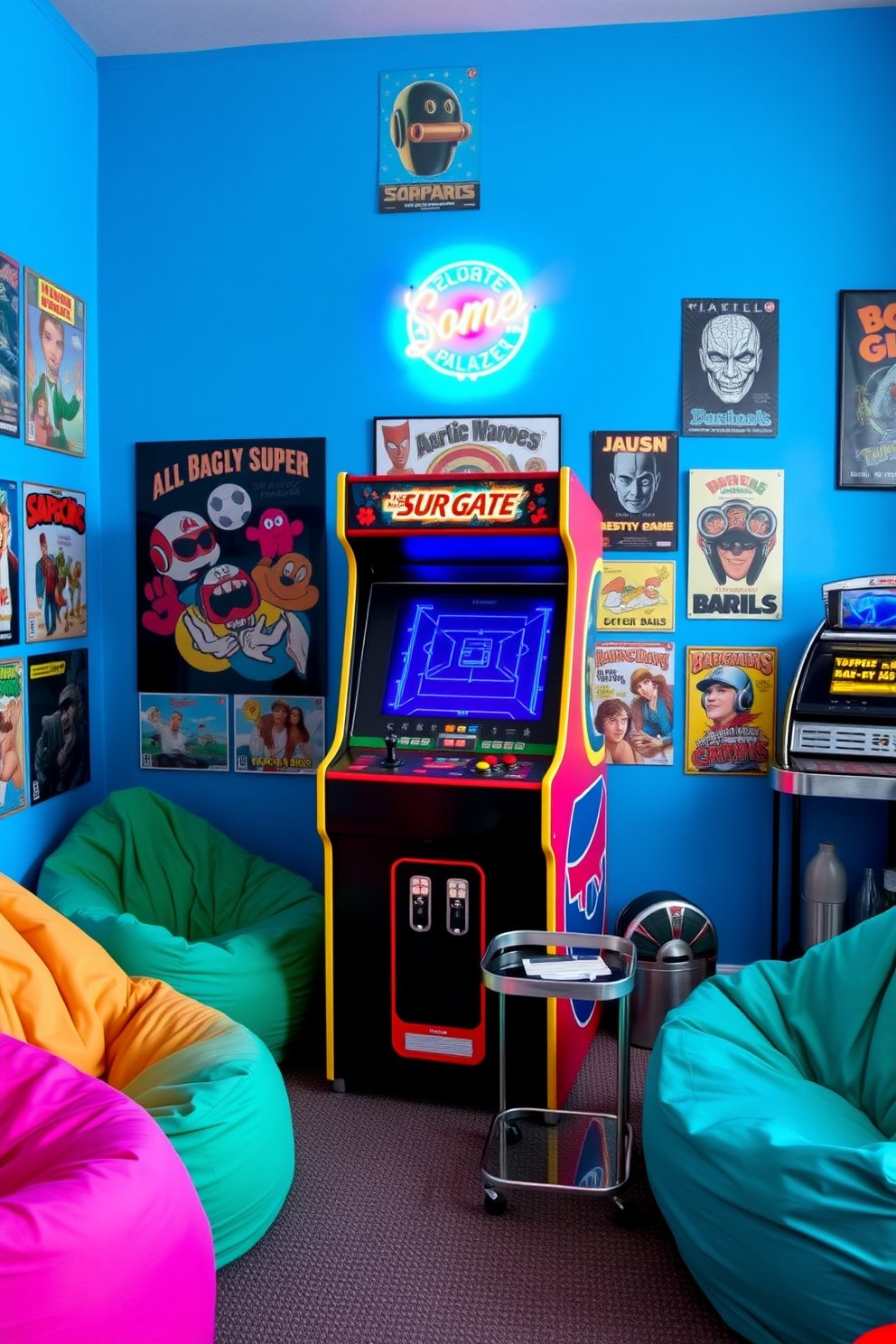 A retro arcade cabinet stands proudly in the center of a vibrant game room filled with colorful posters from classic video games. The walls are painted in a bold blue hue, and a neon sign flickers above the cabinet, adding to the nostalgic ambiance. Surrounding the arcade cabinet are plush bean bags in bright colors, inviting friends to gather and enjoy gaming sessions together. A vintage jukebox sits in the corner, playing tunes from the 80s, while a small bar cart offers snacks and drinks for a perfect game night experience.