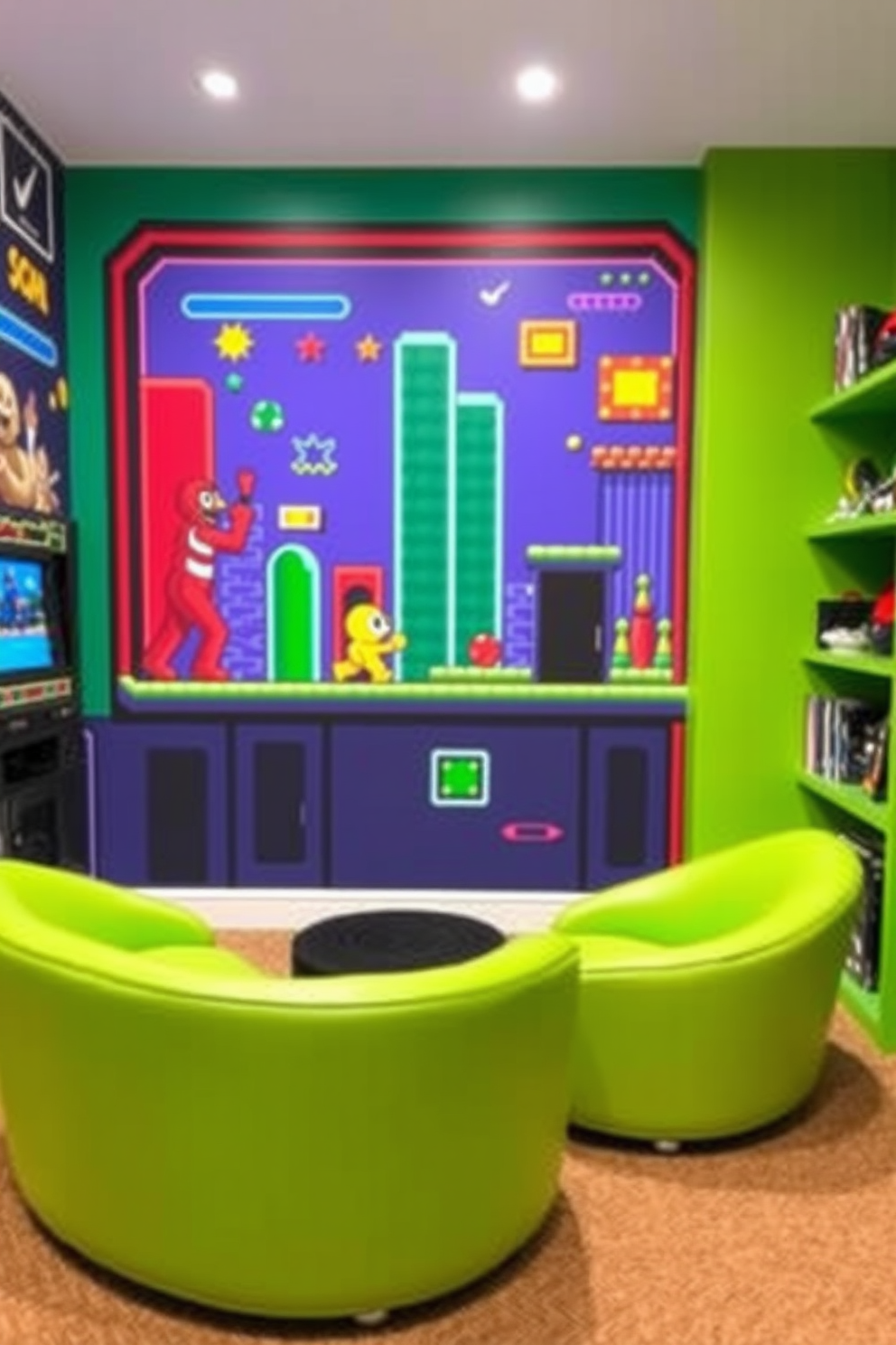 Create a vibrant game-themed mural that captures the essence of classic arcade games. The mural features pixelated characters and bright colors, bringing energy and excitement to the space. Design a game room that incorporates comfortable seating and interactive elements. Include a large screen for gaming, along with shelves displaying collectibles and game memorabilia.