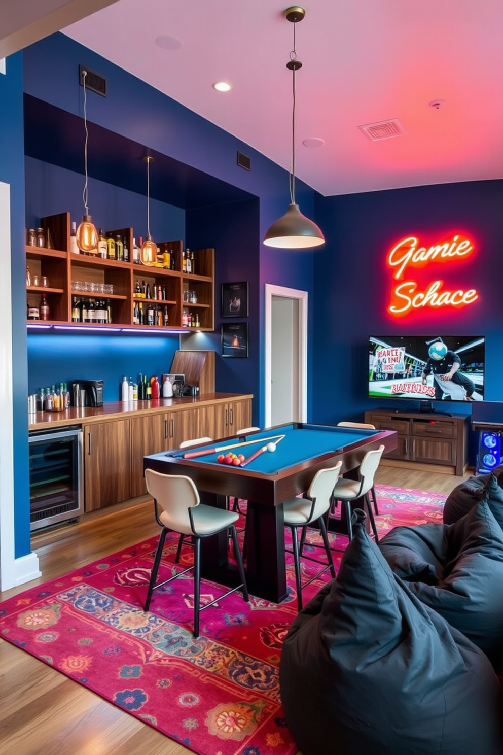 A stylish mini bar area designed for refreshments. The bar features a sleek wooden counter with high stools, illuminated by pendant lights overhead. The backdrop is adorned with shelves displaying an array of spirits and glassware. A small fridge is integrated into the cabinetry, and a colorful rug adds warmth to the space. A vibrant game room designed for entertainment and relaxation. The room includes a pool table at the center, surrounded by comfortable seating and a large flat-screen TV. Walls are painted in a deep blue hue, and neon signs provide a fun, lively atmosphere. A cozy corner features a gaming console with bean bags for casual lounging.