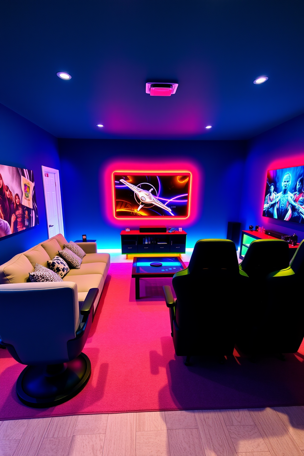 A vibrant game room filled with energy and excitement. The walls are painted in a deep blue hue, and LED strip lights illuminate the room, casting a colorful glow that enhances the atmosphere. A large sectional sofa is positioned for optimal viewing of a big-screen TV mounted on the wall. A sleek coffee table sits in front, surrounded by gaming chairs that invite friends to join in on the fun.