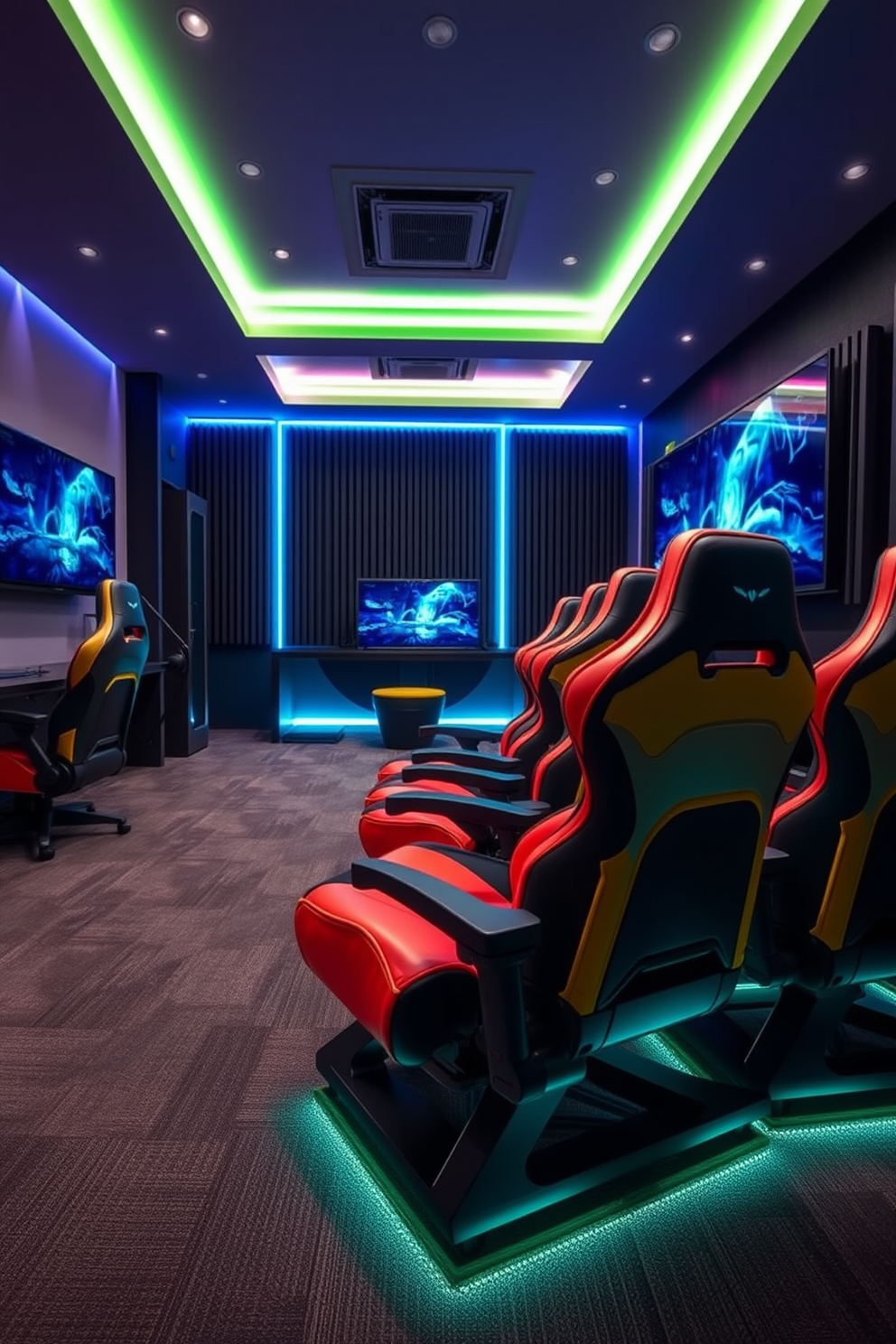 Comfortable gaming chairs designed for long sessions, featuring ergonomic support and adjustable settings. The chairs are upholstered in breathable fabric with vibrant colors and built-in speakers for an immersive experience. A game room designed with a modern aesthetic, incorporating sleek gaming consoles and large screens. The walls are adorned with LED lighting and soundproof panels, creating an inviting atmosphere for gamers.