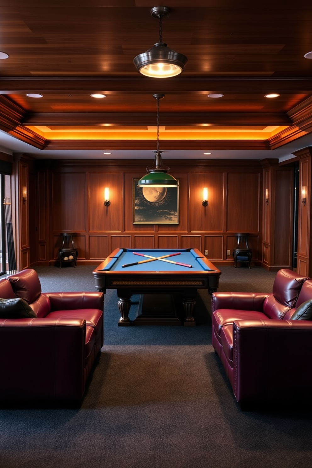 A spacious game room featuring a stunning pool table as the centerpiece. The walls are adorned with rich wood paneling, and the floor is covered with a plush, dark carpet that adds warmth to the space. Surrounding the pool table are comfortable leather seating options in deep burgundy, perfect for relaxing with friends. Ambient lighting from stylish pendant fixtures creates an inviting atmosphere for both play and socializing.