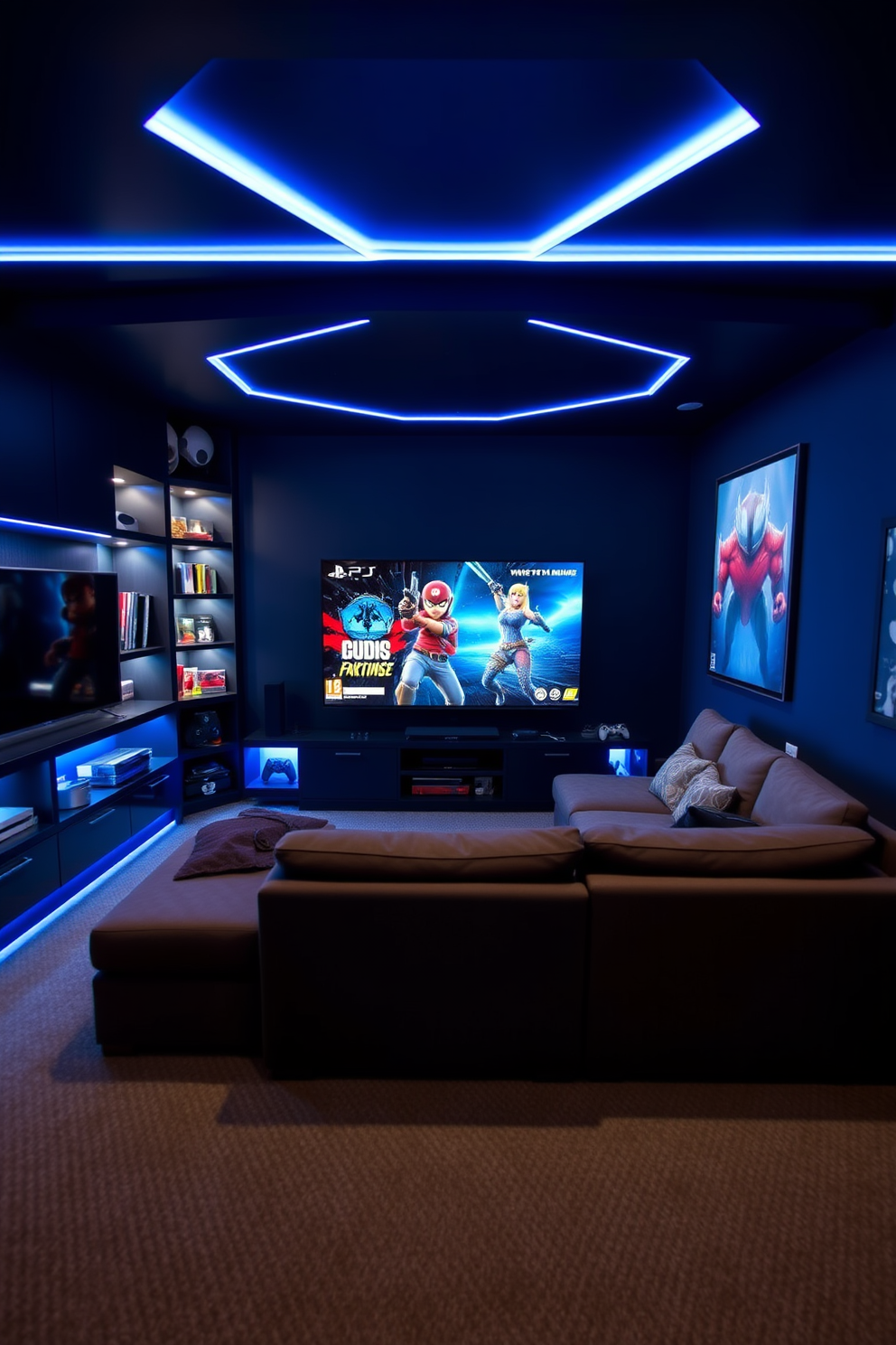 A dedicated space for video game consoles features a sleek entertainment center with built-in shelves for games and accessories. The walls are painted in a deep navy blue, creating an immersive atmosphere, while LED strip lights illuminate the room for a modern touch. A plush sectional sofa is arranged in a U-shape around a large flat-screen TV, providing ample seating for friends and family. The floor is covered in a soft, dark gray carpet, and framed posters of popular video games adorn the walls, adding personality to the space.