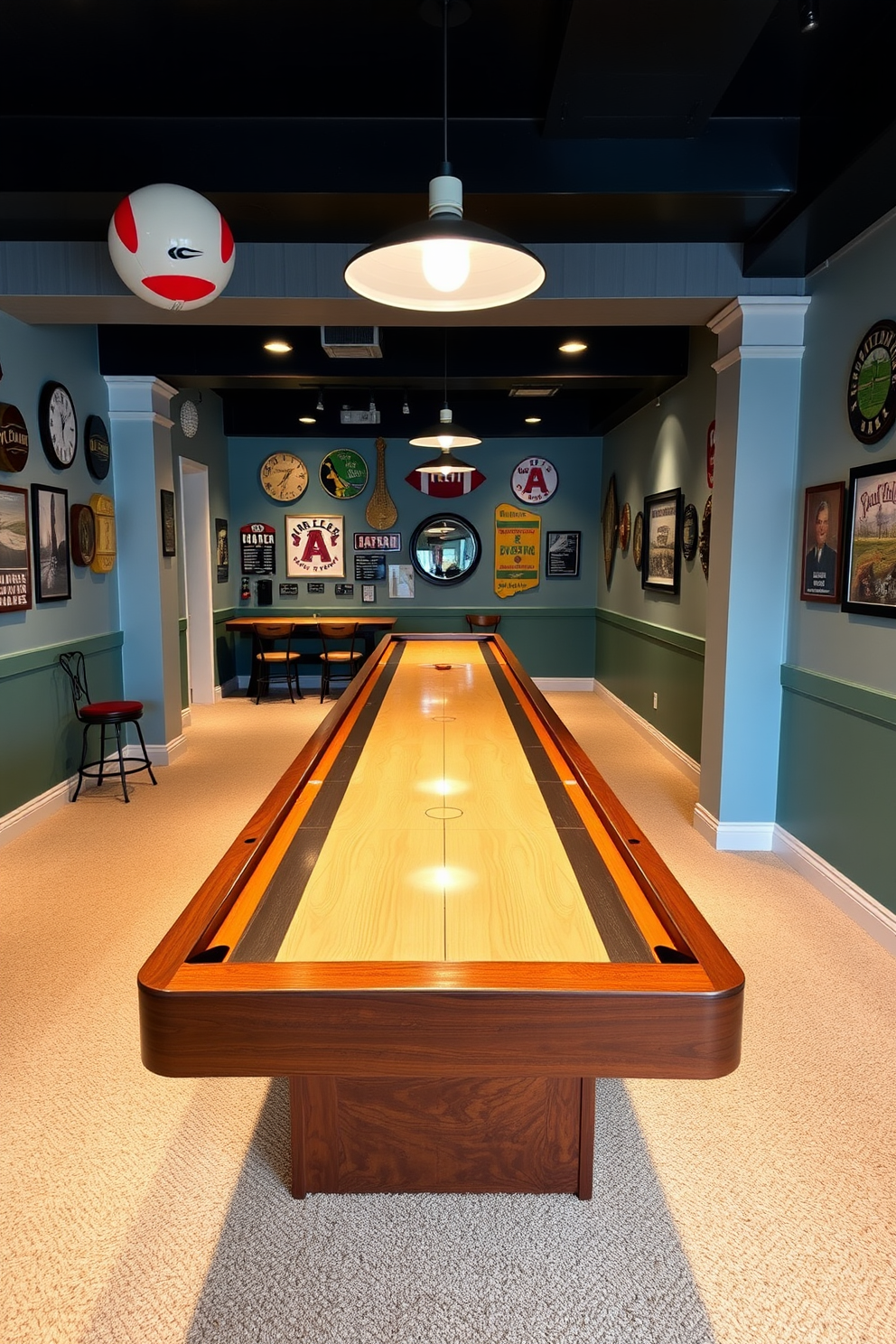 A vibrant game room featuring a sleek shuffleboard table made of polished wood, positioned centrally for easy access. The walls are adorned with vintage sports memorabilia and the floor is covered in a plush, neutral carpet to create a cozy atmosphere.