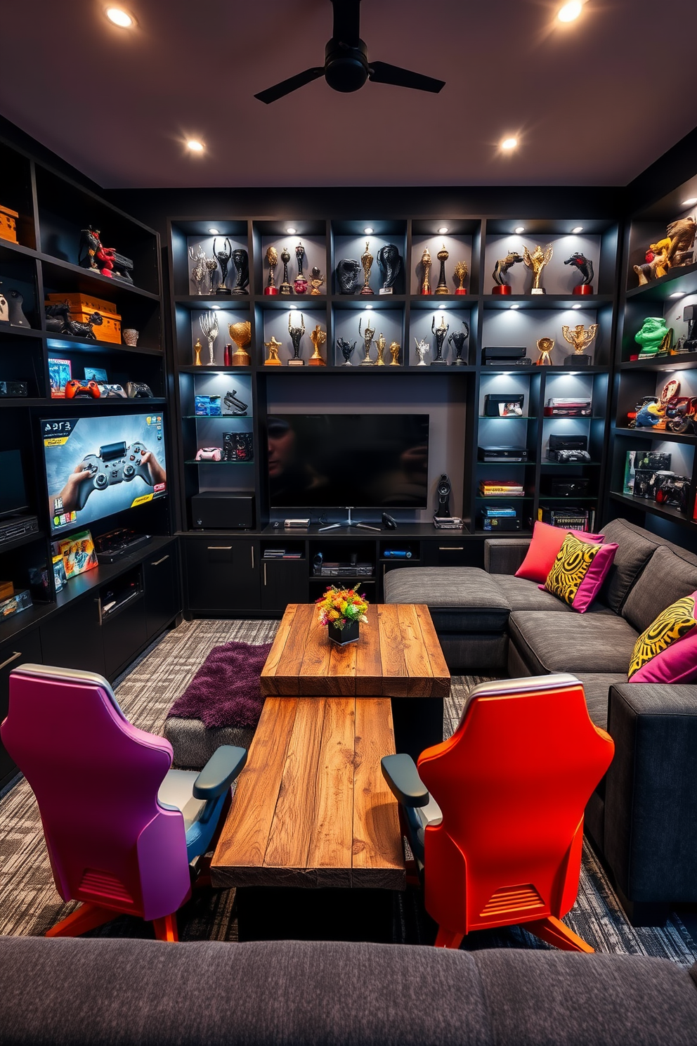 A dynamic game room featuring a sleek black entertainment center filled with various gaming consoles and accessories. The walls are adorned with shelves showcasing an impressive collection of gamer trophies, each spotlighted by adjustable LED lights. The seating area includes a large sectional sofa upholstered in dark gray fabric, complemented by vibrant throw pillows. A coffee table made of reclaimed wood sits in the center, surrounded by colorful gaming chairs that add a fun touch to the space.