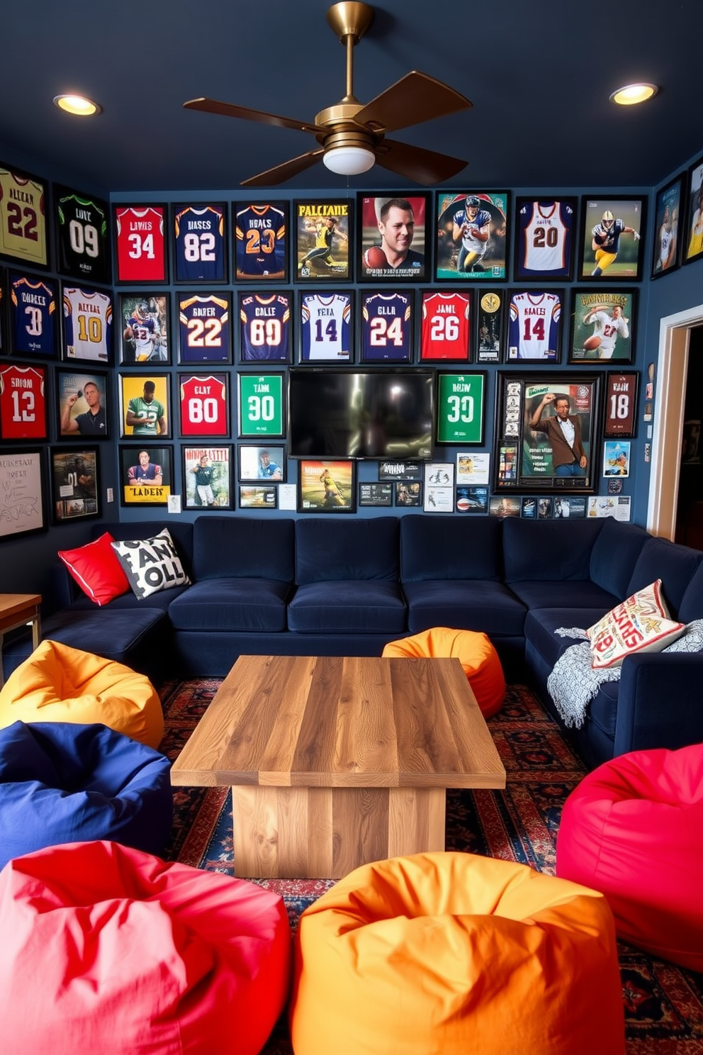 A vibrant game room filled with sports memorabilia. The walls are adorned with framed jerseys and autographed photos, creating a lively atmosphere. A large sectional sofa in a deep navy color provides ample seating for friends. A sleek coffee table made of reclaimed wood sits in the center, surrounded by colorful bean bags for added comfort.