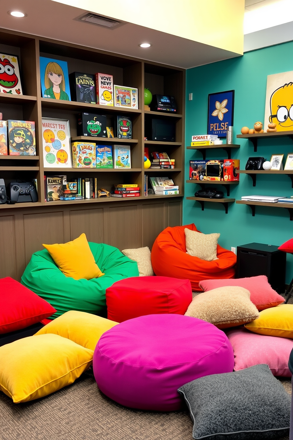 Cozy seating area featuring colorful bean bags and plush pillows scattered around for comfort. The walls are adorned with playful artwork and shelves filled with board games and gaming consoles, creating an inviting atmosphere.